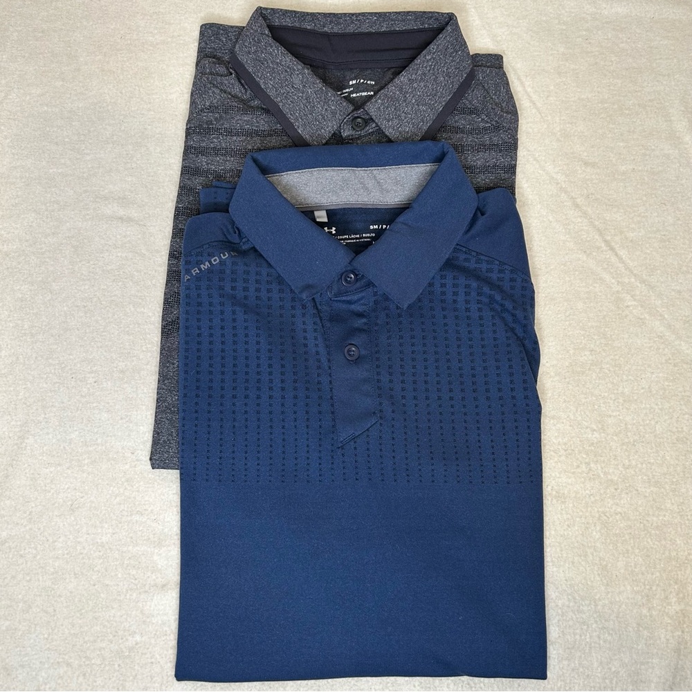 2 Under‎ Armour Men's Blue and Gray Polo Shirt Loose Fit Size S